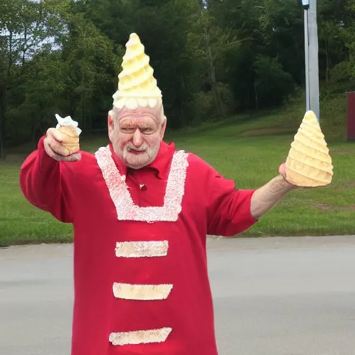 Image similar to a photograph of an old man wearing an elaborate ice cream cone costume