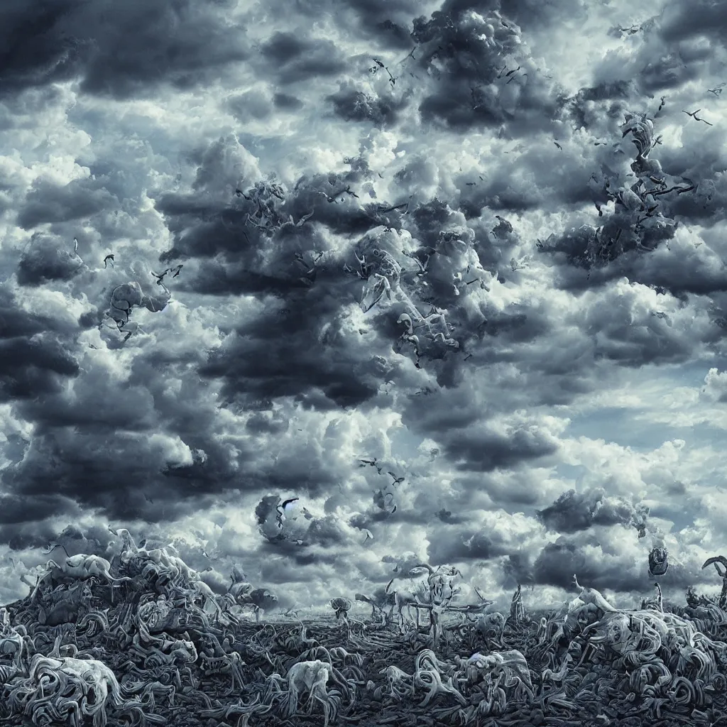 Image similar to mule, apocalypse, surreal, trippy, highly detailed digital art, clouds, limes, serene