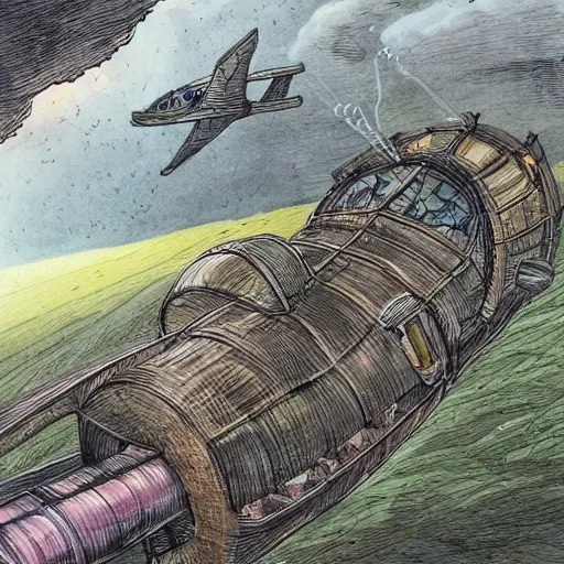 Image similar to Sky ship from the Edge Chronicles flying over the English countryside. Illustration by Chris Riddell