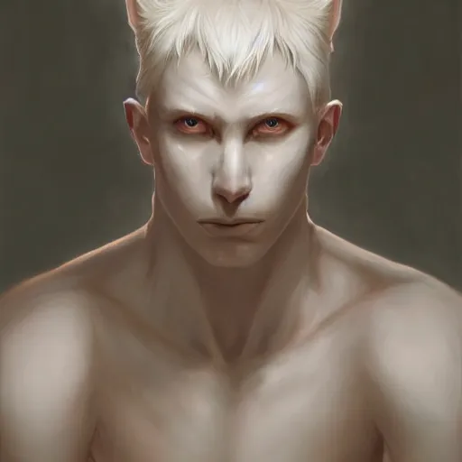 Image similar to beautiful aesthetic portrait commission of an albino male furry anthro looking in the mirror, detailed face , hyperdetailed, dark atmosphere. Character design by charlie bowater, ross tran, artgerm, and makoto shinkai, detailed, inked, western comic book art, 2022 award winning painting