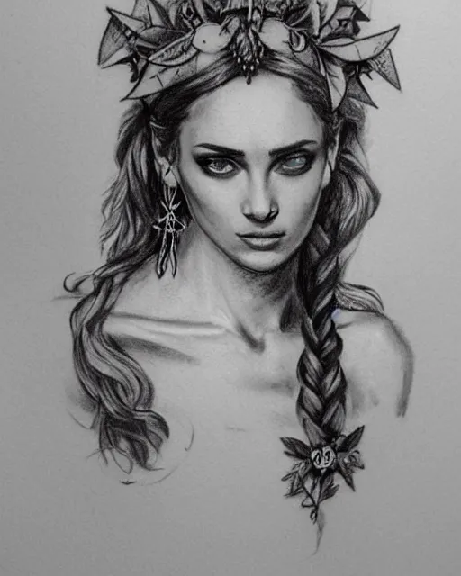 Image similar to realism tattoo sketch of a beautiful greek goddess aphrodite with piercing eyes wearing a laurel wreath and triangle earrings, in the style of greg rutkowski, amazing detail