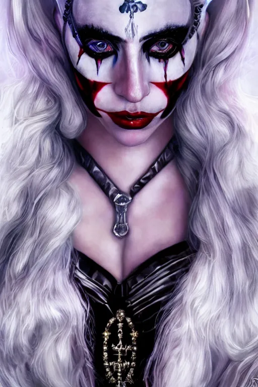 Prompt: majestic and regal portrait of lady gaga as harley quinn, dc universe, perfect face, beautiful, intricate, epic, elegant, fantasy, highly detailed, digital painting, hard focus, beautiful volumetric lighting, epic light, ultra detailed, by leesha hannigan, ross tran, thierry doizon, kai carpenter, ignacio fernandez rios