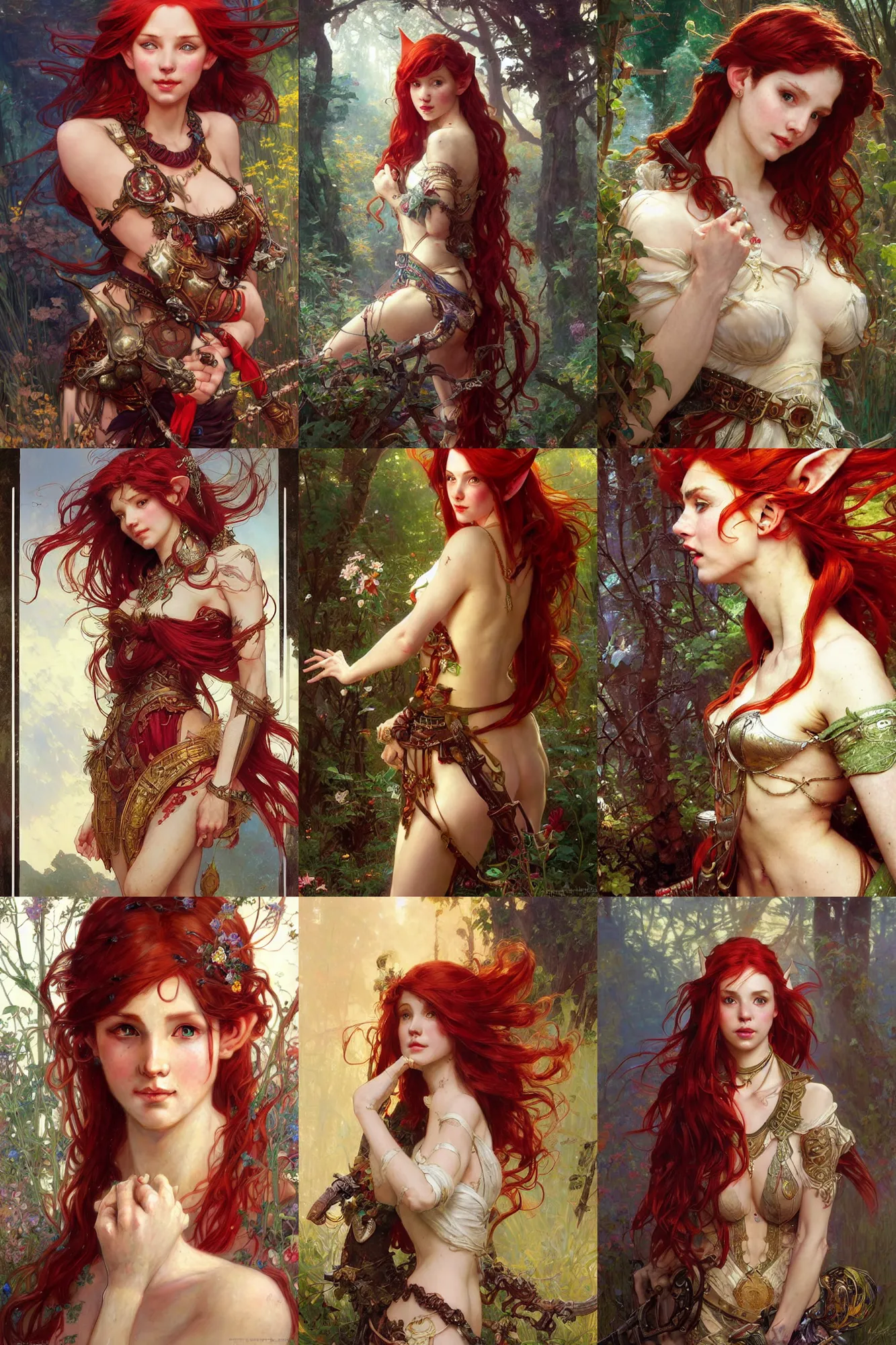 Prompt: portrait of beautiful high-fantasy elf girl with red hair, intricate details, by Stanley Artgerm Lau, by greg rutkowski, by thomas kindkade, by alphonse mucha, loish, by norman rockwell J.