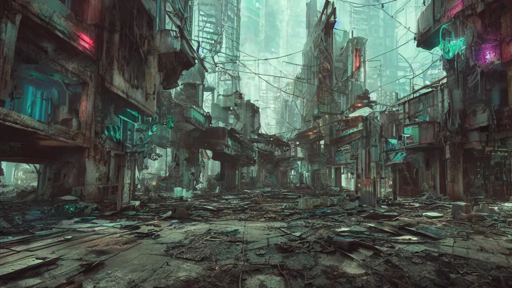 Image similar to exploring an abandoned, derelict, decaying, cyberpunk city, made in blender, octane render, cinematic, volumetric lighting, futuristic,, hyperrealistic, highly detailed, colourful 4 k hd