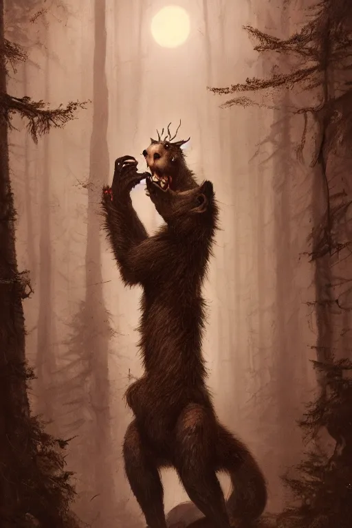 Prompt: anthropomorphic humanoid crouching pine marten monster in a dark moonlit forest, horror, highly detailed, crouching humanoid, human-like, whole body, by Greg Rutkowski, trending on artstation, 4k