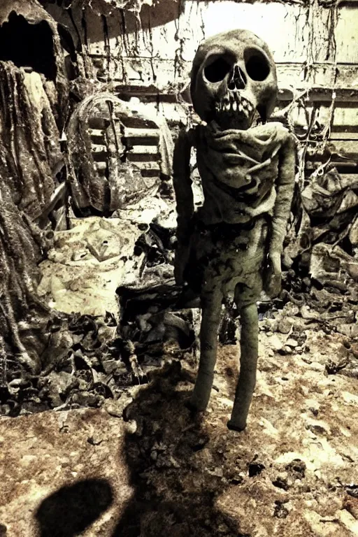 Image similar to a photograph of a haunted creepy doll photographs in a desolate nuclear apocalypse, ectoplasm, very creepy, skull, bones, possessed, atmospheric, dark derelict environment, highly detailed, epic scene