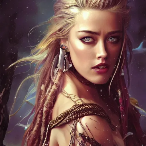 Image similar to photography of amber heard as captain jack sparrow, deep focus, d & d, fantasy, intricate, elegant, highly detailed, digital painting, artstation, concept art, matte, sharp focus, illustration, hearthstone, art by artgerm and greg rutkowski and alphonse mucha