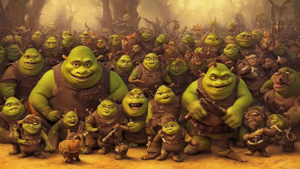army of shrek mr. bean trolls, oil painting by justin | Stable Diffusion