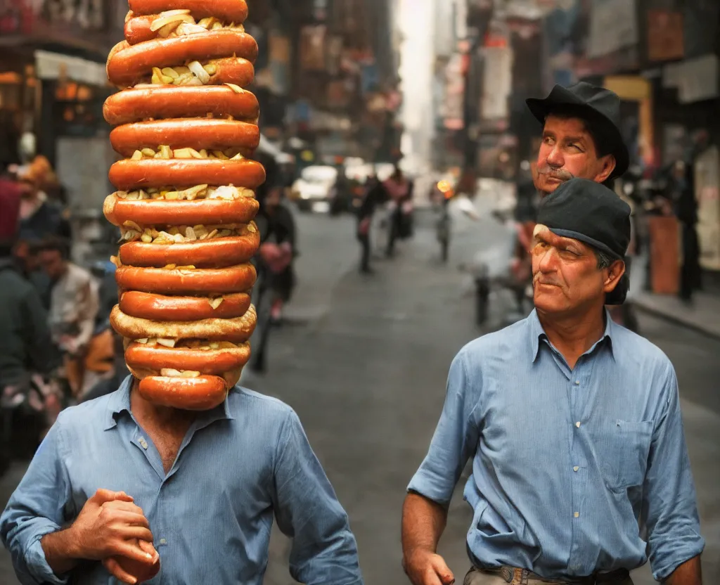 Image similar to closeup portrait of a man carrying a giant hotdog on his shoulder in a smoky new york back street, by Annie Leibovitz and Steve McCurry, natural light, detailed face, CANON Eos C300, ƒ1.8, 35mm, 8K, medium-format print