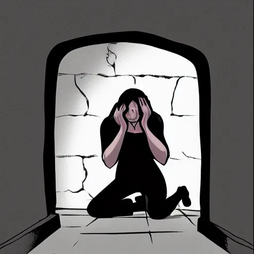 Prompt: a woman on her knees hiding behind a wall in fear, comic book style,