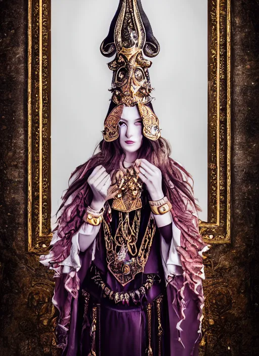 Image similar to a portrait of female priestess by candy makeup, photorealistic, intricate details, hyper realistic, fantasy, elegant, baroque, horn, ram skull headpiece, photorealistic, photography, symmetrical features, symmetrical pose, wide angle shot, feet on the ground, wearable art, unreal engine