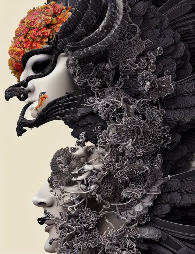 Image similar to 3 d goddess in robe close - up profile portrait with ram skull. beautiful intricately detailed japanese crow kitsune mask and clasical japanese kimono. betta fish, jellyfish phoenix, bio luminescent, plasma, ice, water, wind, creature, artwork by tooth wu and wlop and beeple and greg rutkowski