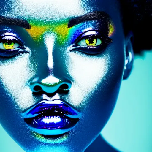 Image similar to portrait photograph of iridescent metalic face, african woman, iridescent reflections, proud looking, blue sky, 8 k, realistic, depth of field, highly detailed, art photography