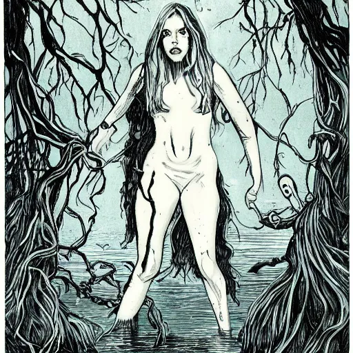 Prompt: a strange women in a strange swamp, horror art