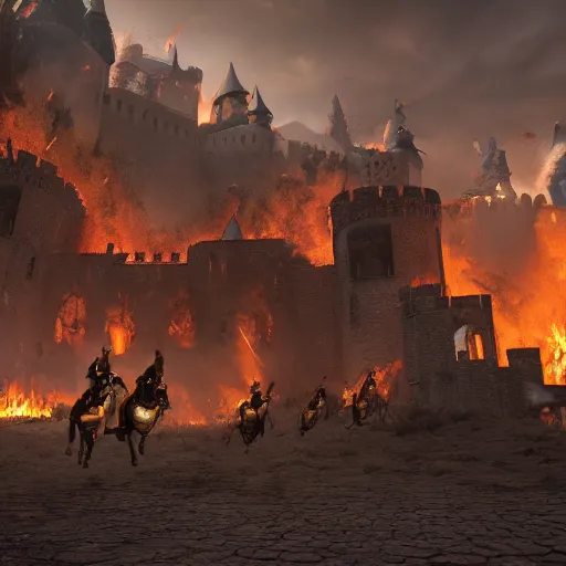 Prompt: medieval knights sieging an org castle while surrounded by fire and angry , Fantasy Apocalypse, MMO, Digital Art, 8k, Unreal Engine 5