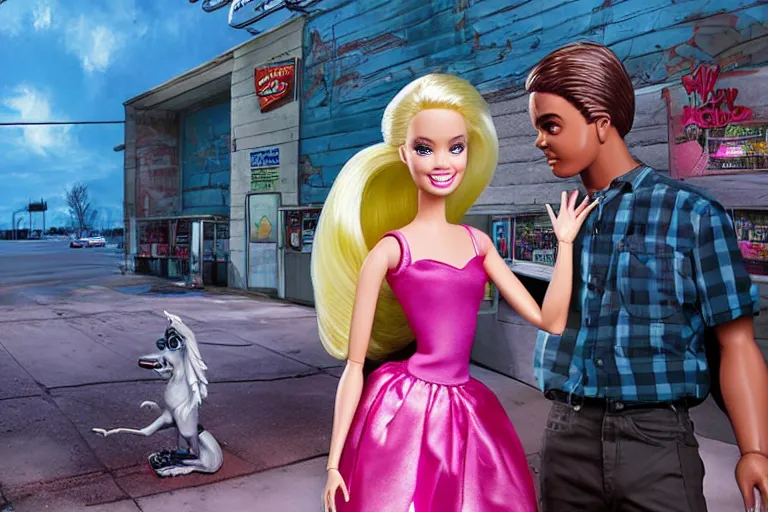 Image similar to Barbie zombie bites Ken near the gas station high-resolution digital art,