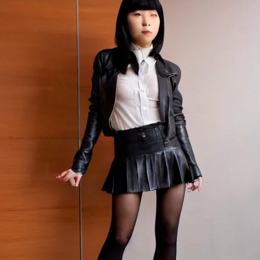 Prompt: an epic cinematic 8K HD movie shot of a japanese young woman wearing leather jacket, miniskirt, nylon pantyhose and high heels boots. Inspirational arthouse