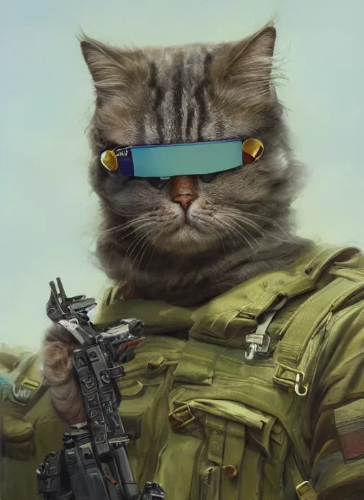 Prompt: a masterpiece portrait of a futuristic cute british longhair cat wear soldier clothes in war scene, wear ray - ban glass, pastel vibe, hyper realistic, concept art, intricate, hyper detailed, smooth, vibrant, by greg rutkowski