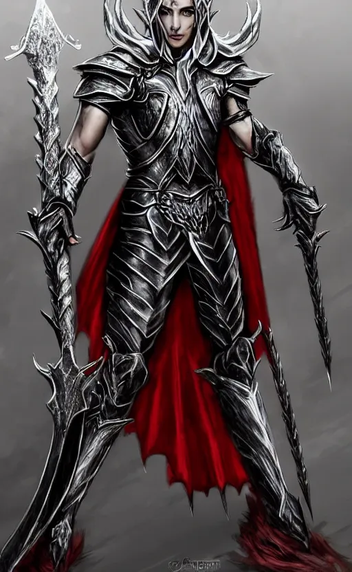 Image similar to A male elf, 20 years old, short silver hair, red eyes, wearing a spiked black metal crown, black heavy armor with gold trim, and a red cape, lean but muscular, attractive, command presence, royalty, weathered face, smooth, sharp focus, illustration, concept art, highly detailed, muscle definition, fantasy paitning, ArtStation, ArtStation HQ