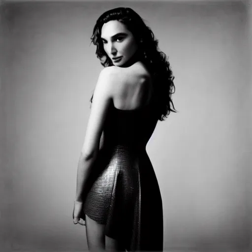 Prompt: photo of Gal Gadot by Diane Arbus, black and white, high contrast, Rolleiflex, 55mm f/4 lens