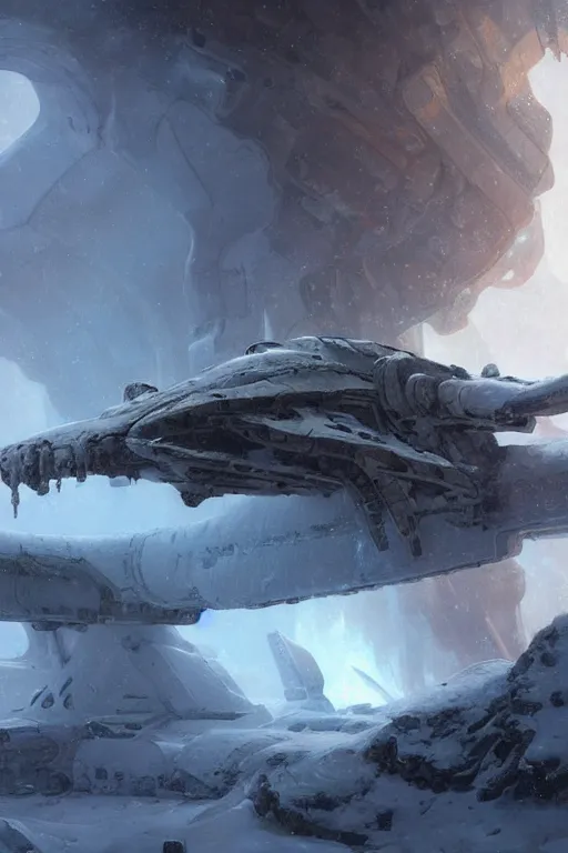 Image similar to ancient crashed spaceship in ice, snowstorm, horror, intricate digital painting artstation concept art smooth sharp focus illustration, art by artgerm and paul chadeisson and greg rutkowski and alphonse mucha