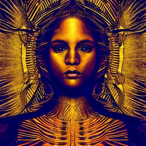 Image similar to cinematic photo of golden godess portrait in the style of Alex grey and davinci