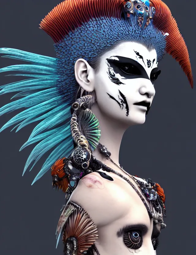 Image similar to 3 d goddess close - up profile portrait punk with mohawk with ram skull. beautiful intricately detailed japanese crow kitsune mask and clasical japanese kimono. betta fish, jellyfish phoenix, bio luminescent, plasma, ice, water, wind, creature, artwork by tooth wu and wlop and beeple and greg rutkowski