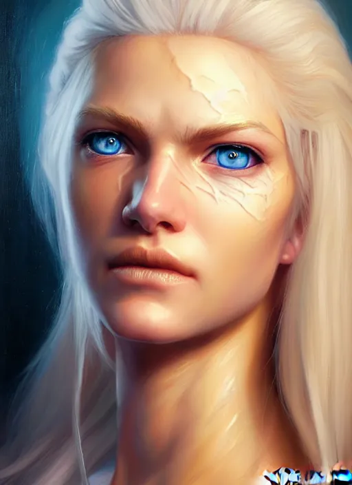 Image similar to a _ fantasy _ style _ portrait _ painting _ of shy white female paladin with blonde hair and blue eyes small smile, scar under left eye, holy oil _ painting _ unreal _ 5 _ daz. _ rpg _ portrait _ extremely _ detailed _ artgerm _ greg _ rutkowski _ greg