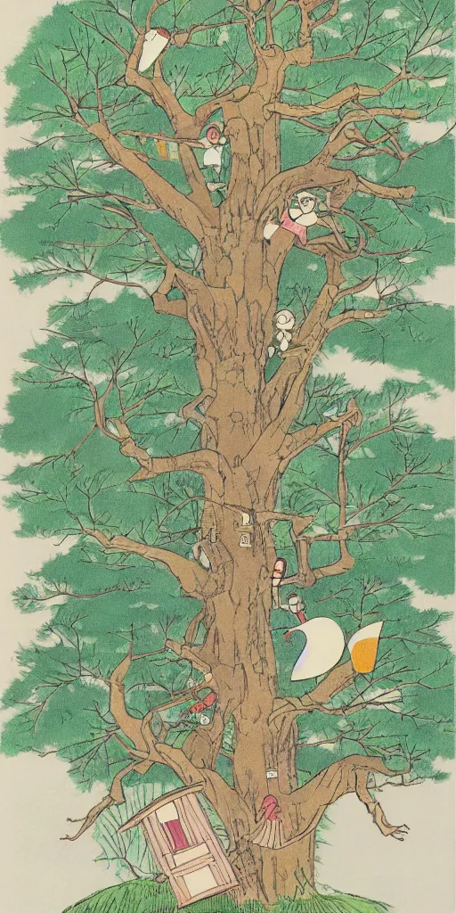 Image similar to Japanese childrens book illustration of a treehouse, 1980s, matte, tasteful