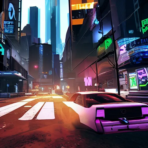 Image similar to Open world GTA-like cyberpunk game, futuristic city, HUD, screenshot, PlayStation 2