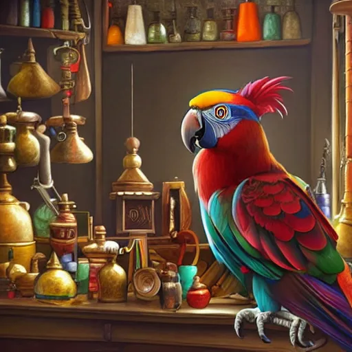 Prompt: Anthropomorphized parrot trader in his shop, medium shot, items, weapons, magic potions, trinkets, carpet, lamps, window, fancy hat, warm light, sly expression, cunning expression, cute expression, long thick shiny black beak, D&D, fantasy, cinematic lighting, highly detailed, digital painting, artstation, concept art, smooth, sharp focus, illustration, warm light, cozy warm tint, strong colours, magic the gathering artwork, volumetric lighting, 8k, art by Akihiko Yoshida, Greg Rutkowski