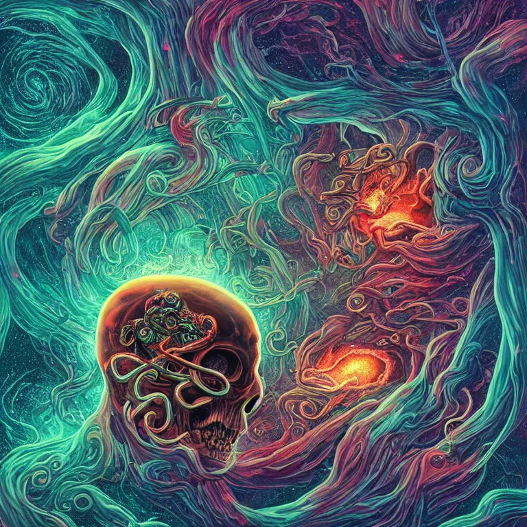 Prompt: a giant skull with intricate rune carvings and glowing eyes with symmetrically braided lovecraftian tentacles emerging from a space nebula by dan mumford, twirling smoke trail, a twisting vortex of dying galaxies, digital art, vivid colors, highly detailed