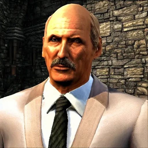 Image similar to Alexander Lukashenko wearing a suit and tie in Balmora in Elder Scrolls III: Morrowind, outdated 2002 Morrowind graphics, low definition, lowpoly