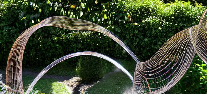 Image similar to bronze fountain, dna helix, in a garden in provence