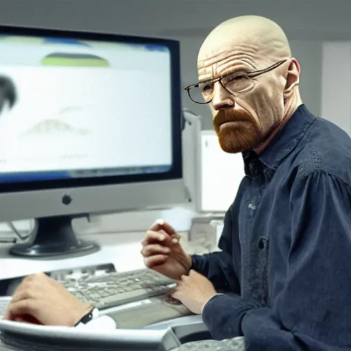Prompt: walter white in real life rendering himself on a computer with blender software