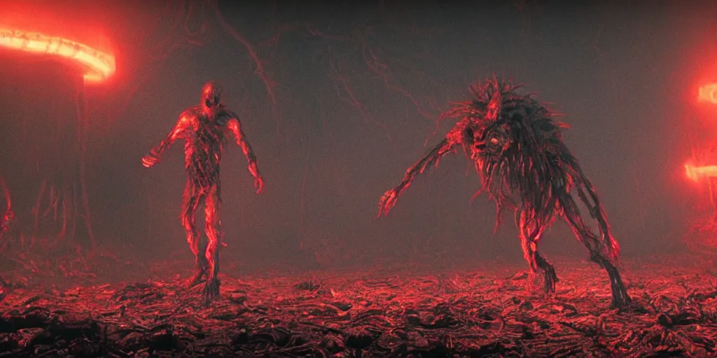 Image similar to four legged muscular creature emerges from pile of fleshy zombies, creature has red glowing eyes, photorealistic, by john carpenter, the thing, bloody, vile