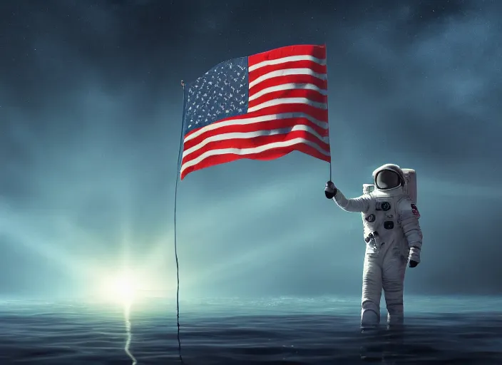 Image similar to astronaut holding a flag in an underwater desert. a submarine is visible in the distance. dark, concept art, cinematic, dramatic, atmospheric, 8 k, trending on artstation, blue, fish, low visibility, light rays, extremely coherent, bubbles, fog, ocean floor, christopher nolan, interstellar