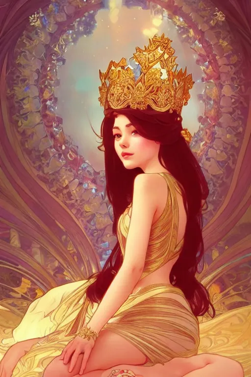 Image similar to A beautiful princess sitting on a throne, highly detailed, digital painting, artstation, concept art, smooth, sharp focus, illustration, art by artgerm and alphonse mucha, high definition digital art, in the style of Ross tran and ilya kuvshinov