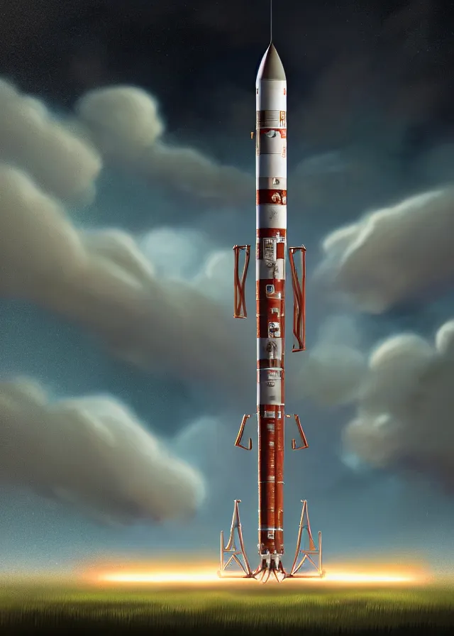 Prompt: epic professional digital art of complex heavy vertical rocket with side boosters, on launch pad, at takeoff, ambient light, painted,, cinematic, detailed, grand, leesha hannigan, wayne haag, reyna rochin, ignacio fernandez rios, mark ryden, van herpen, artstation, cgsociety, epic, stunning, gorgeous, wow wow detail