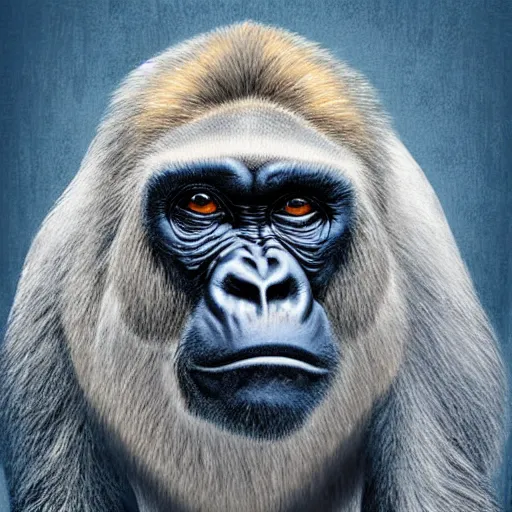 Prompt: A ((((potrait)))) of pure white faced silver back gorilla , covering its head with a deep blue cloth , digital art