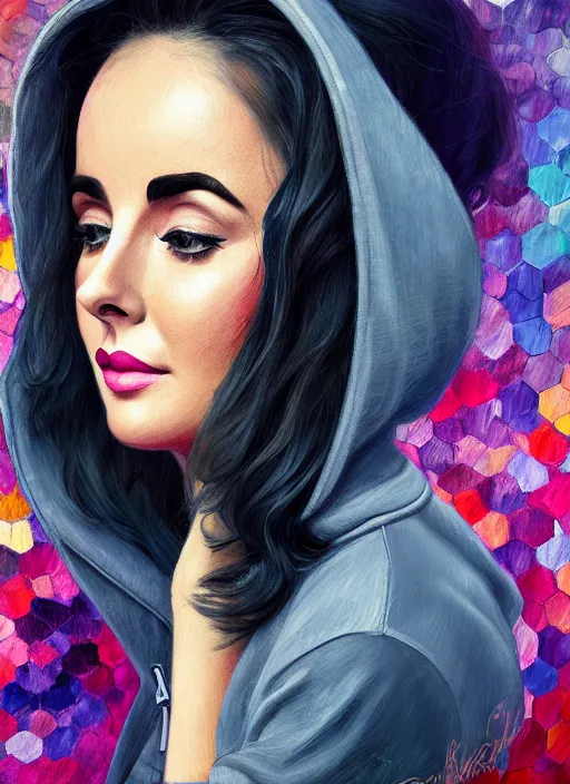 Image similar to elizabeth taylor, gray hoodie, jeans, beautiful hair, half body shot, path traced, highly detailed, high quality, digital painting, alena aenami, leonid afremov, lilia alvarado, shinji aramaki, karol bak, alphonse mucha, tom bagshaw