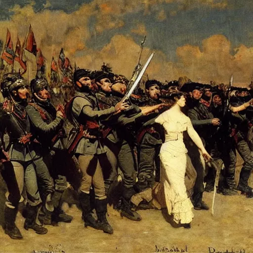 Image similar to action heroine leading an army, by alfred stevens