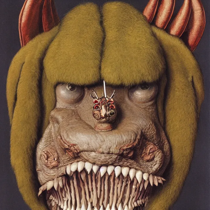 Image similar to close up portrait of an overdressed mutant monster creature with snout, horns, insect wings, unibrow, piercing eyes, toxic smile. jan van eyck, walton ford