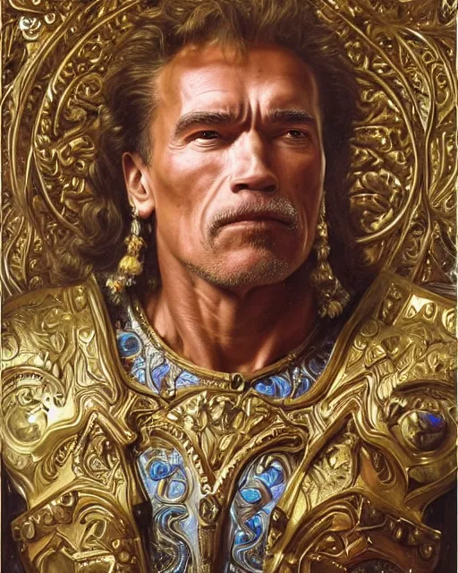 Image similar to a arnold schwarzenegger, dressed in ornate, detailed, intricate iridescent opal armor, detailed oil painting by william adolphe bouguereau and donato giancola