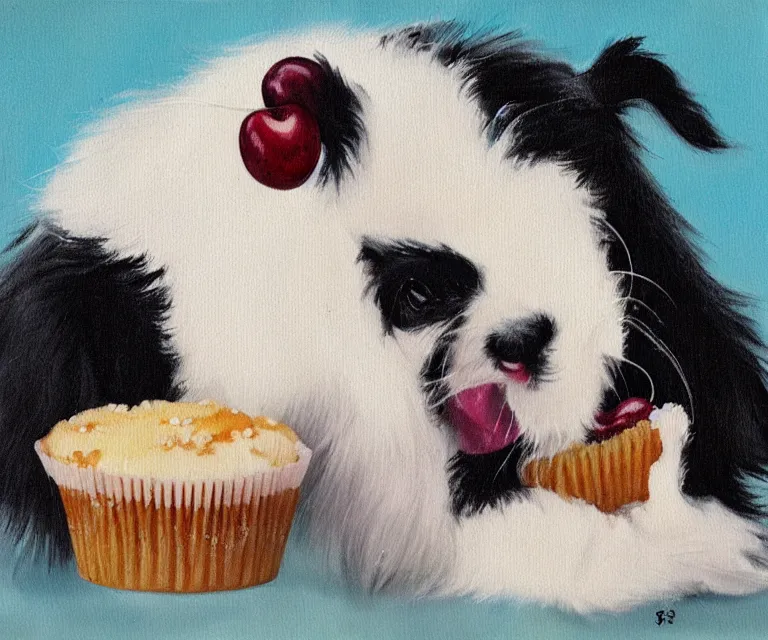 Image similar to white and black japanese chin dog eating cherry muffins, oil painting