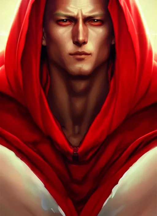 Image similar to ultra realistic illustration, handsome saitama. red cape, intricate, elegant, highly detailed, digital painting, artstation, concept art, smooth, sharp focus, illustration, art by artgerm and greg rutkowski and alphonse mucha and wlop