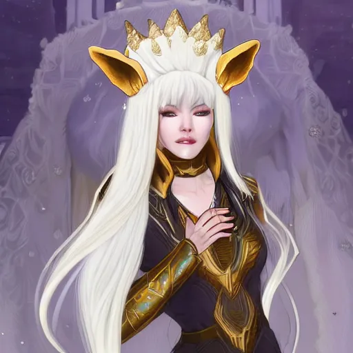 Prompt: commissioned full body portrait of a female anthro wolf princess fursona with white hair wearing a white and gold dress in a white and gold palace, by Wlop and jerry park, artstation, detailed