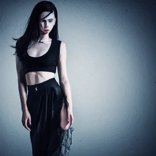 Image similar to beautiful necromancer girl, soft flawless pale skin, wearing a black crop top photography dramatic dark lighting, hyper realistic