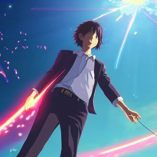 Image similar to Animation of Keanu Reeves in Kimi No Na Wa, Your Name, Matoko Shinkai, beautiful, anime, colorful, animation, CoMix Wave Films