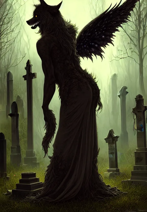 Prompt: Encounter with a feral werewolf at a spooky old cemetery, gravestones, tombstones, angel statues, fantasy magic, dark light night, intricate, elegant, sharp focus, illustration, highly detailed, digital painting, concept art, matte, art by WLOP and Artgerm and Greg Rutkowski and Alphonse Mucha, masterpiece